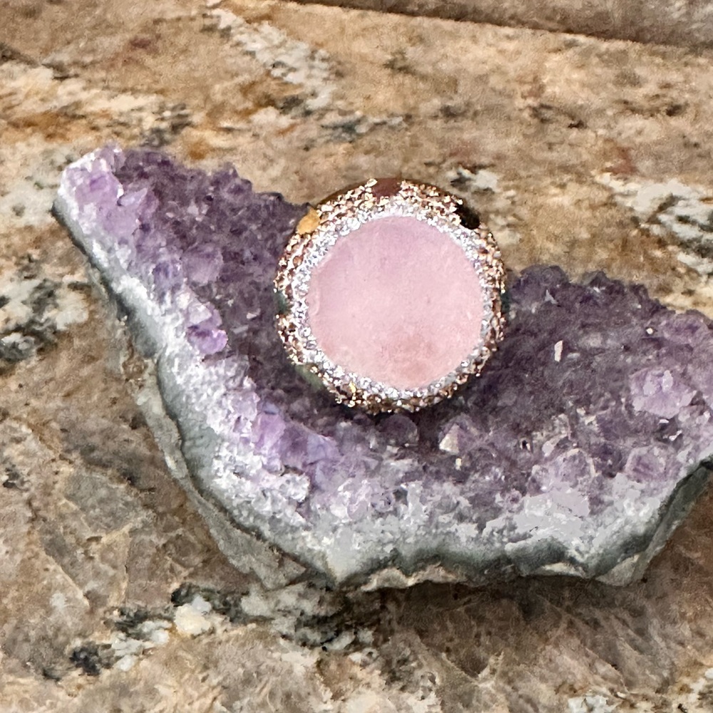 Gold Rose Quartz Crystal Pave Ring